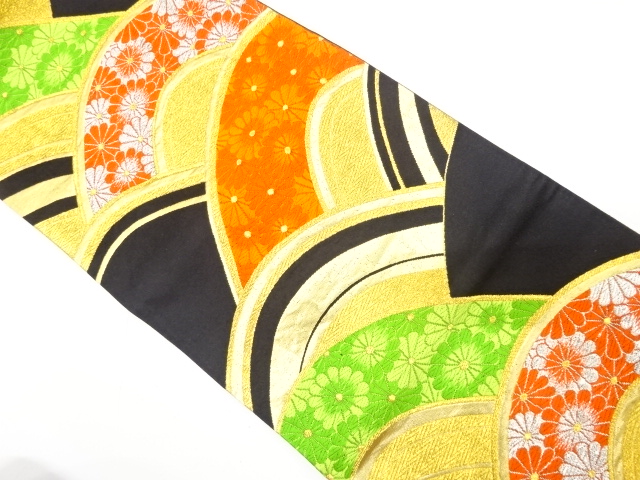 JAPANESE KIMONO / ANTIQUE FUKURO OBI / SILK / WOVEN SEIGAIHA & KIKU